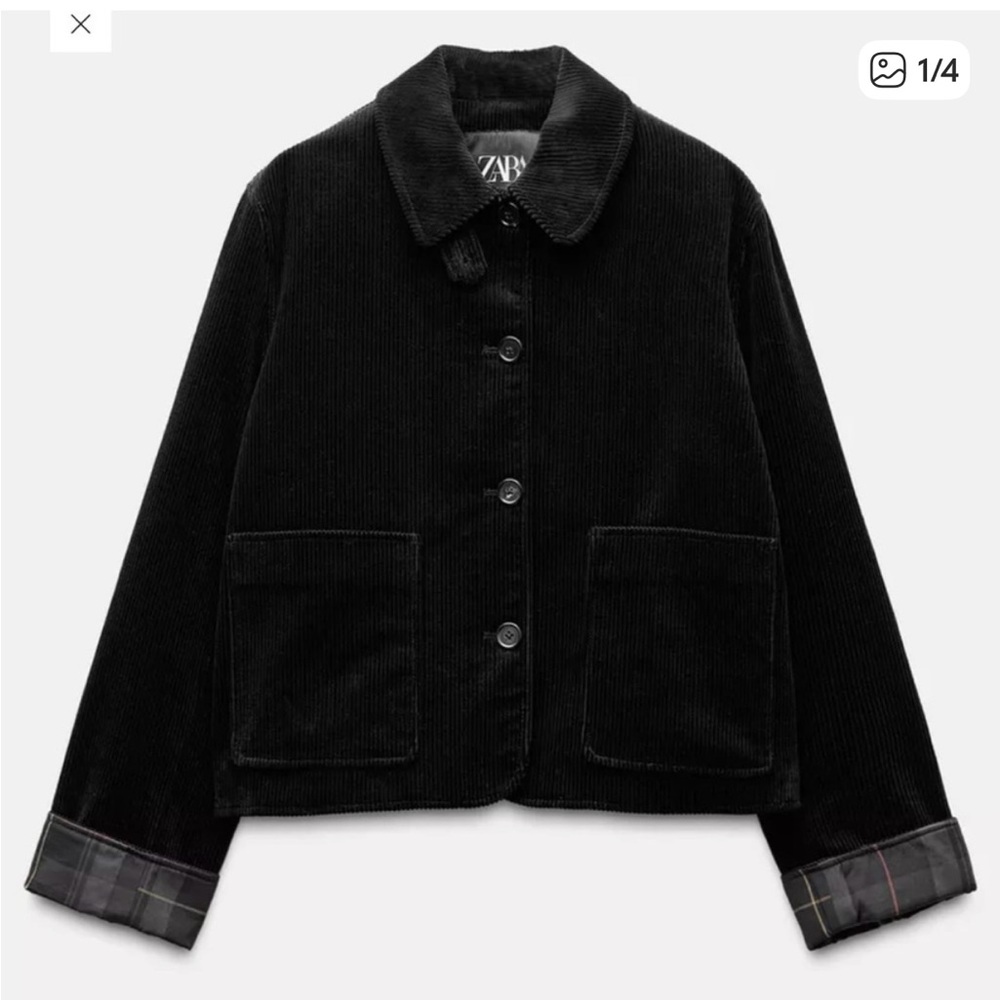 Zara woman’s black corduroy jacket front pockets plaid lined size m NWT